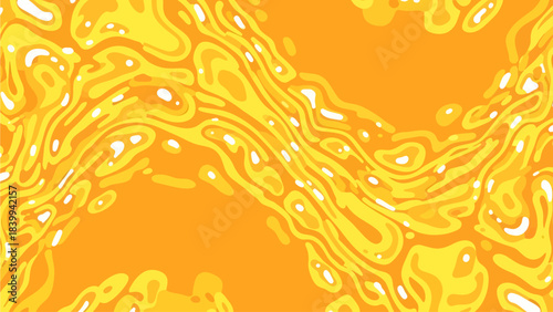 Undulating waves of saturated orange and bright yellow flow diagonally in a mesmerizing liquid pattern, punctuated by smooth white bubbles that evoke the texture of melting cheese or thick honey