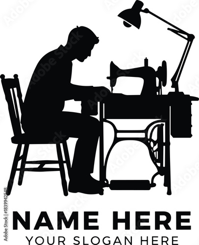 Tailor silhouette working on sewing machine with desk lamp, custom fashion workshop, handmade clothing production, craftsmanship, branding and designer studio concept
