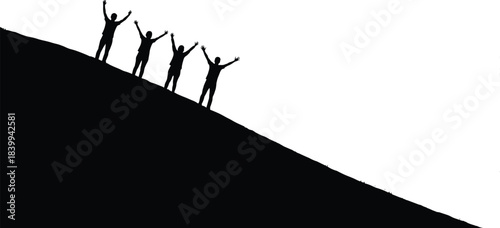 Silhouettes of successful team standing on mountain peak with raised arms celebrating victory, teamwork, leadership, achievement and business success concept