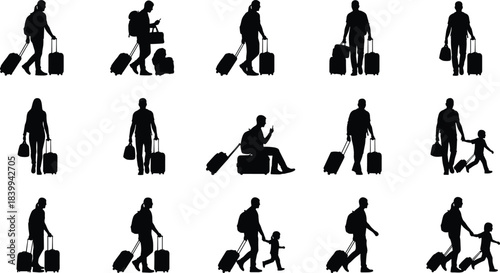 Travelers silhouettes walking with luggage at airport with family, business passengers, mobile devices, modern tourism, commuting and transportation lifestyle concept