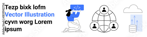 Software development, teamwork, cloud storage, web applications, coding platforms, data sharing. Programmer writing code, network of users server cloud storage icon. Software development