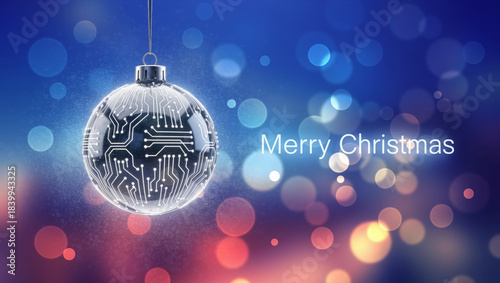 Futuristic ai christmas data concept with technology bauble and circuit board on festive blue bokeh background