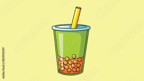 Illustration of a refreshing cup of bubble tea with straw.