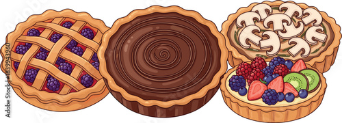 Assorted Dessert Tarts Including Berry Lattice Tart, Rich Chocolate Tart, Cream Tart with Berries and Kiwi, Sweet Pastry Collection