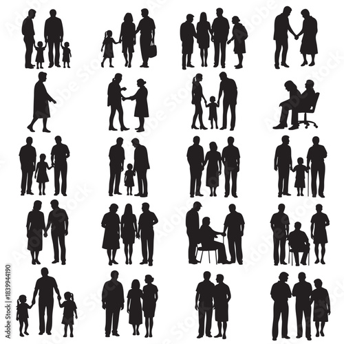 Collection of diverse black silhouette vector graphics representing multigenerational people and various social interactions