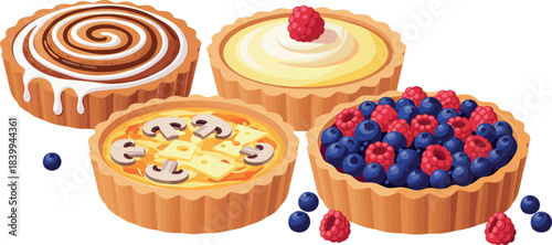 Assorted Dessert Tarts with Chocolate Swirl, Cream Filling, Cheese and Mushroom, and Mixed Berry Toppings, Delicious Pastry Collection