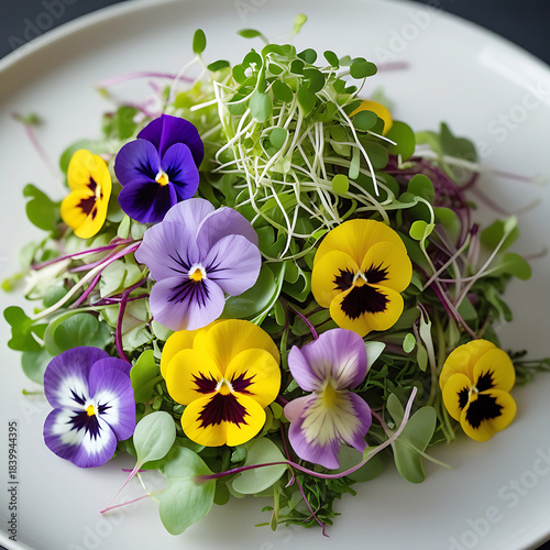 Colorful Edible Pansy Flowers and Microgreens Salad on White Plate Keywords: edible flowers