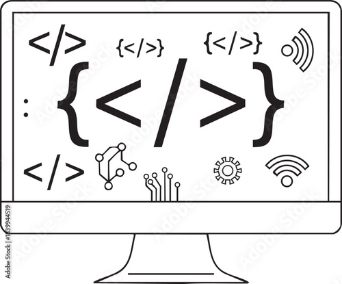 Illustration of coding and programming concept on computer monitor screen outline icon