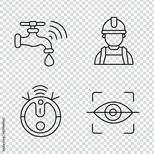 Collection of four line icons including a faucet, worker, sensor, and eye
