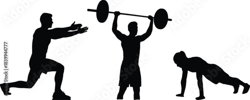 Illustration of silhouette of three athletes performing weightlifting and bodyweight exercises