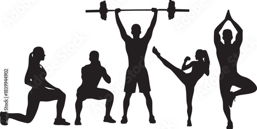Five black silhouettes depict diverse physical activities including weightlifting, squats, lunges, kicking, and yoga.