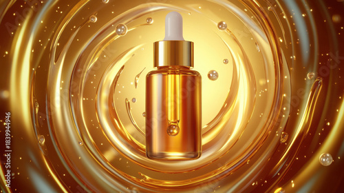 Golden perfume bottle surrounded by shimmering pearls and swirling liquid in an enchanting display of luxury and elegance