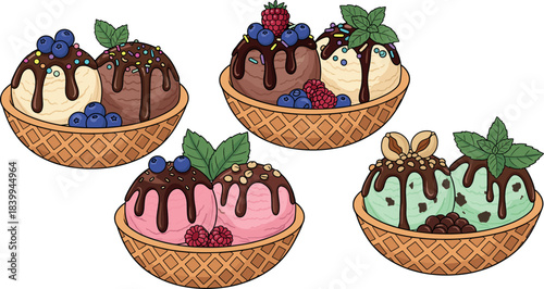 Assorted Ice Cream Sundaes in Waffle Bowls with Chocolate Drizzle, Fresh Berries, Mint Leaves, and Toppings, Delicious Dessert Collection