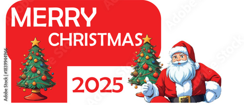 A cheerful and jolly Santa Claus giving a thumbs-up next to two decorated Christmas trees on a white background.