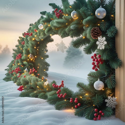 Curved Christmas Wreath with Berries, Ornaments and Lights in Snow arch evergreen