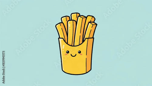 Cute Cartoon French Fries with Smiling Face in Yellow Container.