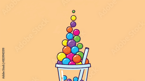 Colorful Boba Tea Illustration with Straw and Tapioca Pearls.