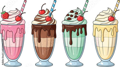 Assorted Milkshakes in Tall Glasses with Whipped Cream, Cherries, Chocolate Drizzle, and Colorful Straws, Delicious Sweet Dessert Drinks