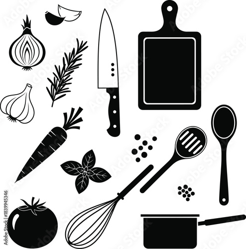 Illustration of collection of cooking and kitchen icons vegetables, utensils, and tools silhouettes