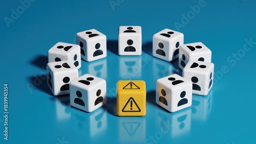 Collection of small cubes showing person icons encircles a single contrasting warning block