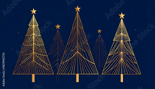 This is a modern minimalist vector illustration of golden abstract Christmas trees against a deep navy blue background. It features clean lines and high contrast.