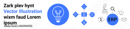 Business management, technology solutions, workflow optimization, ERP tools, innovation, system design. Blue icons thumbs up light bulb, ERP and process-related symbols. Business management and ERP