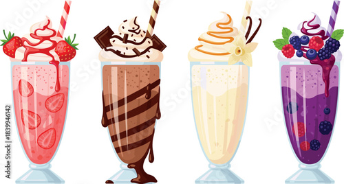 Assorted Strawberry, Chocolate, Vanilla, and Berry Milkshakes with Whipped Cream, Fresh Fruits, and Syrup Drizzle in Tall Glasses