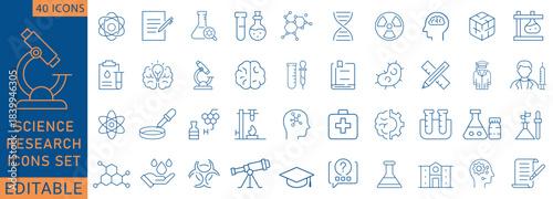 Clean line-style science and research icon set featuring lab equipment, biology, chemistry, medical, DNA, research tools, and education symbols. Perfect for apps, dashboards, Fully Editable.