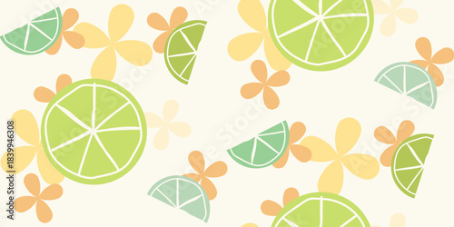 Seamless pattern of hand-drawn lime slices and flowers on cream background