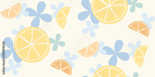 Seamless pattern of lemon slices and simple flowers on light cream background