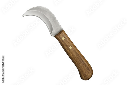 Pruning knife tool with curved blade and wooden handle