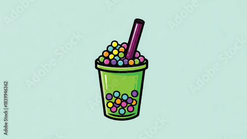 Colorful Bubble Tea Illustration with Tapioca Pearls and Straw.