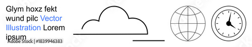 Weather, global connectivity, time management, business efficiency, networking, digital tools. Minimal line art design with cloud, globe and clock symbols. Weather and global connectivity concept