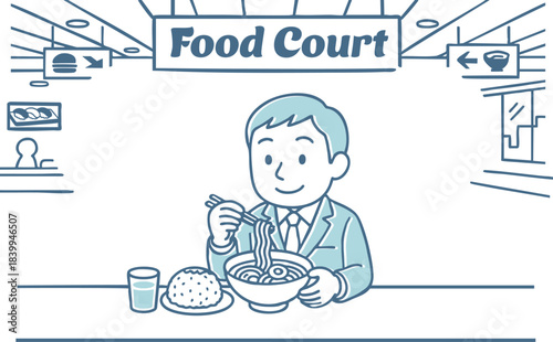 フードコートでラーメンを食べているサラリーマン
Salaryman eating ramen at the food court