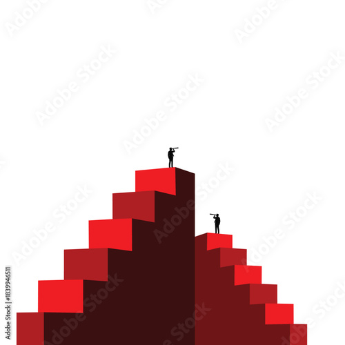 Business growth concept with silhouettes looking through telescopes on red steps representing leadership vision and future opportunities