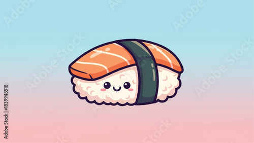 Cute Sushi Nigiri with Salmon Topping and Smiling Face.