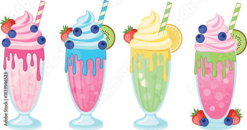 Colorful Fruit Milkshakes in Tall Glasses with Whipped Cream, Dripping Syrup, Berries, Kiwi, and Lemon Slices, Refreshing Dessert Drinks