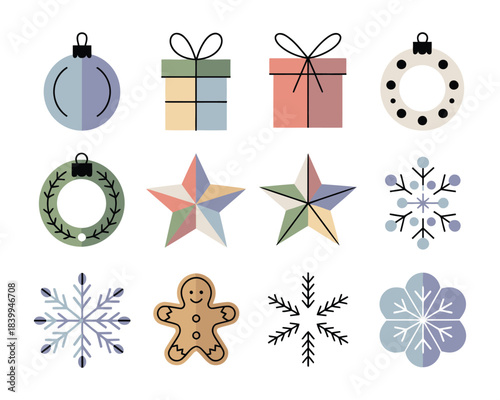 Set of christmas ornaments and seasonal decorative elements for holiday celebration