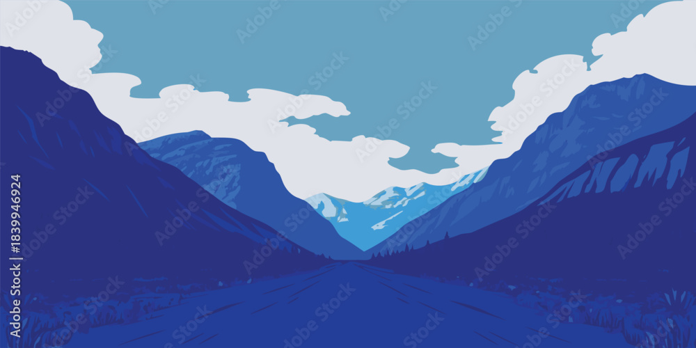 Naklejka premium Breathtaking mountain road trip illustration in cool blue tones, perfect for travel inspiration and modern design projects, a scenic escape to nature