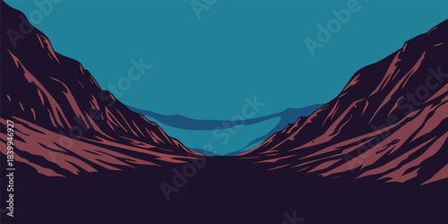 Dramatic mountain valley landscape illustration with deep shadows and rich colors, perfect for adventure travel posters and nature-themed designs, very atmospheric