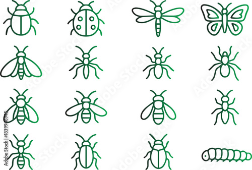 Insect Bug Line Icons Set Green Gradient Entomology Butterfly Beetle Graphic
