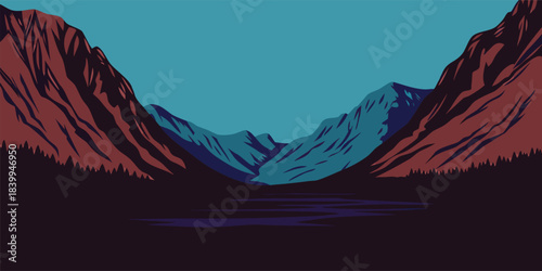 Stunning mountain landscape art with a serene lake and vibrant colors, perfect for travel posters or outdoor adventure campaigns, inspiring wanderlust and tranquility