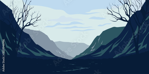 Discover serene mountain valley vista with minimalist charm, perfect for tranquil backgrounds and nature-inspired designs offering peace and escape, vector