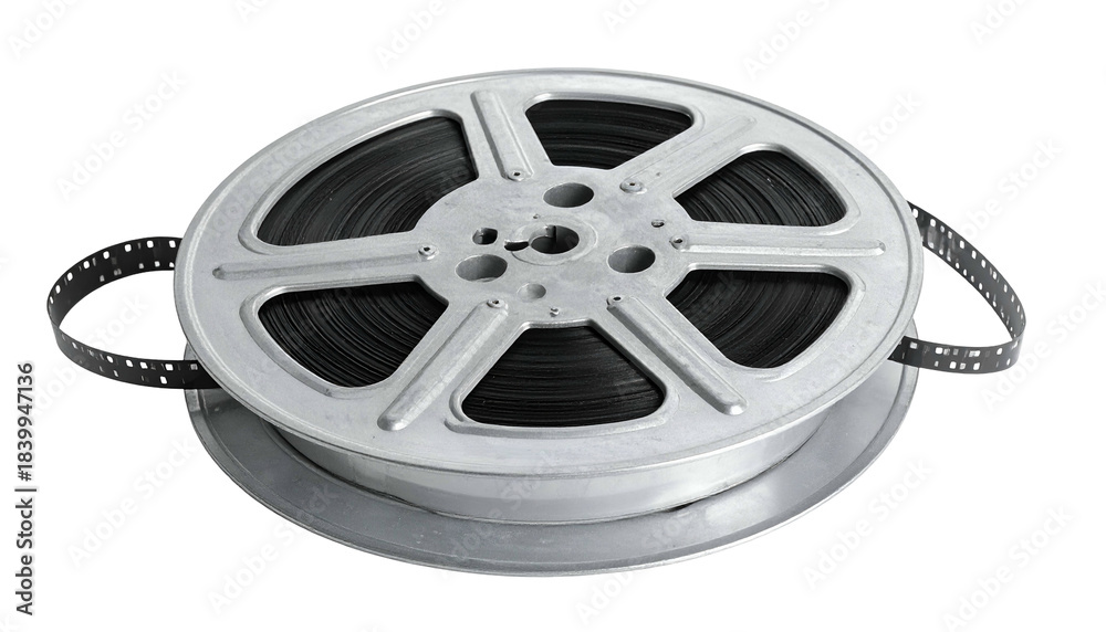Obraz premium Metal film reel with spools and dark film; isolated on a black background, with handles