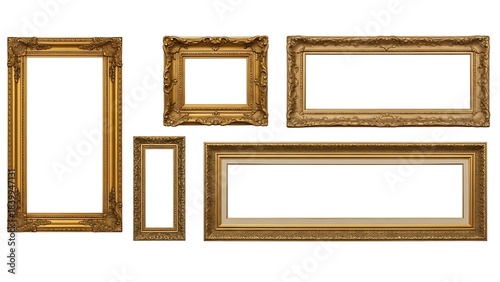Elegant collection of ornate golden antique picture frames with intricate carvings, in various sizes and shapes, isolated on white.