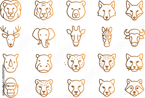 Wild Animal Head Line Icons Set Gold Gradient Safari Zoo Vector Graphic
