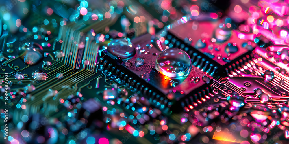 Obraz premium Vibrant abstract microchip circuit board with colorful neon lights and liquid drops
