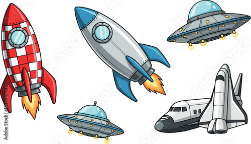 Set of Cartoon Spacecraft Including Rockets, UFO Flying Saucers, and Space Shuttle, Colorful Outer Space Vehicle Illustration