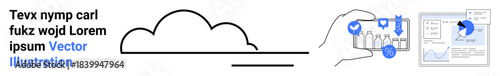 Cloud computing, data management, digital security, analytics, web services, information technology. A hand interacting with icons, graphs and a dashboard. Cloud computing and data management