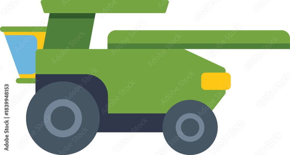 Fototapeta premium Green combine harvester working in field, agriculture machine, farming vehicle side view